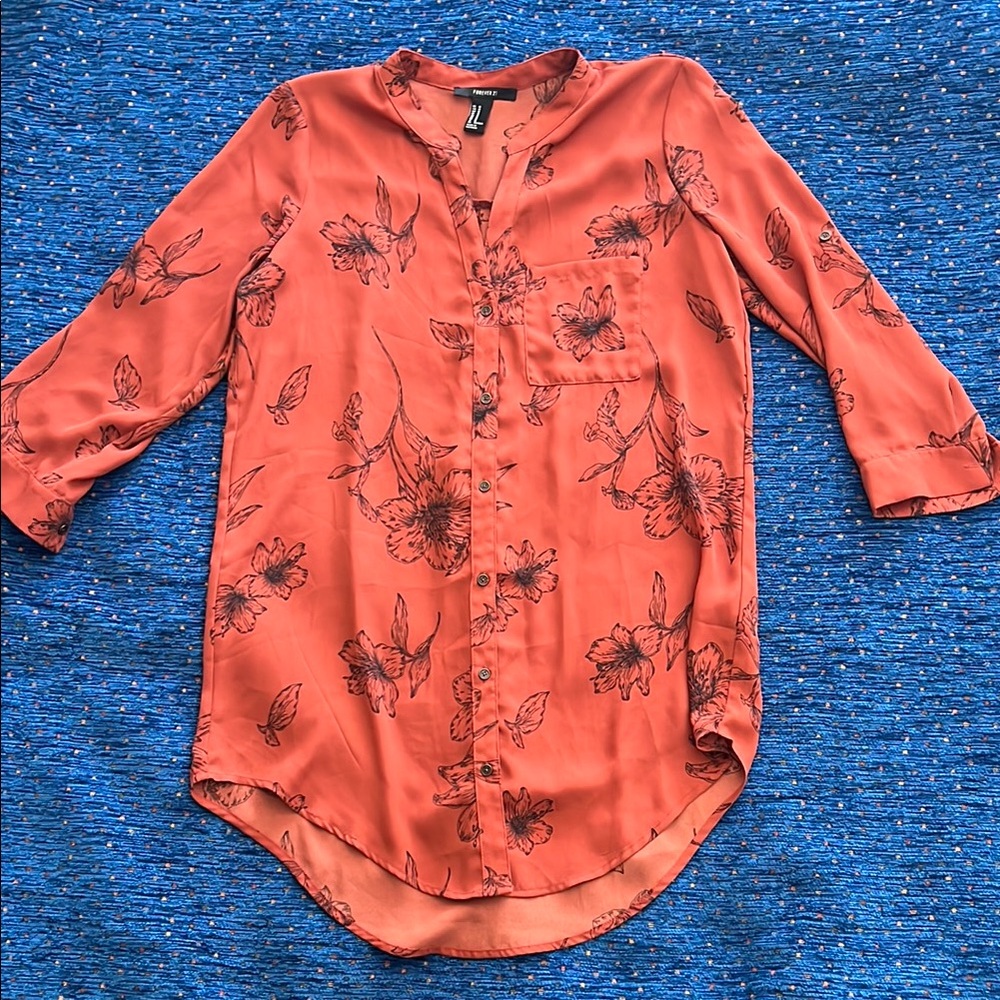 Burnt orange Cuffed 3/4 Sleeve Blouse with Mandarin Collar